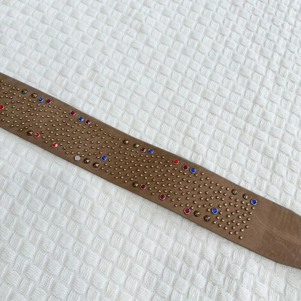 NEW Wide Vegan Leather Belt with Colorful and Metallic Studs Tan Khaki